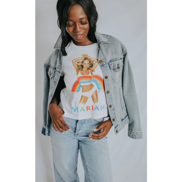 NEW Daydreamer Mariah Carey Rainbow Shrunken Tee Optic White Women's Size XS - Picture 6 of 13